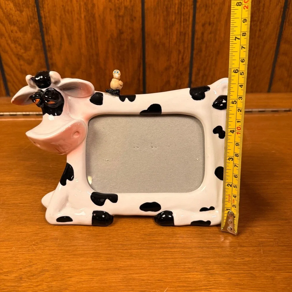 White Black Spotted Cow Bird Ceramic Picture Frame Russ Berrie Retro One Size